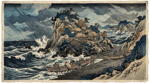 A woodblock-style print of a fishing village in a storm